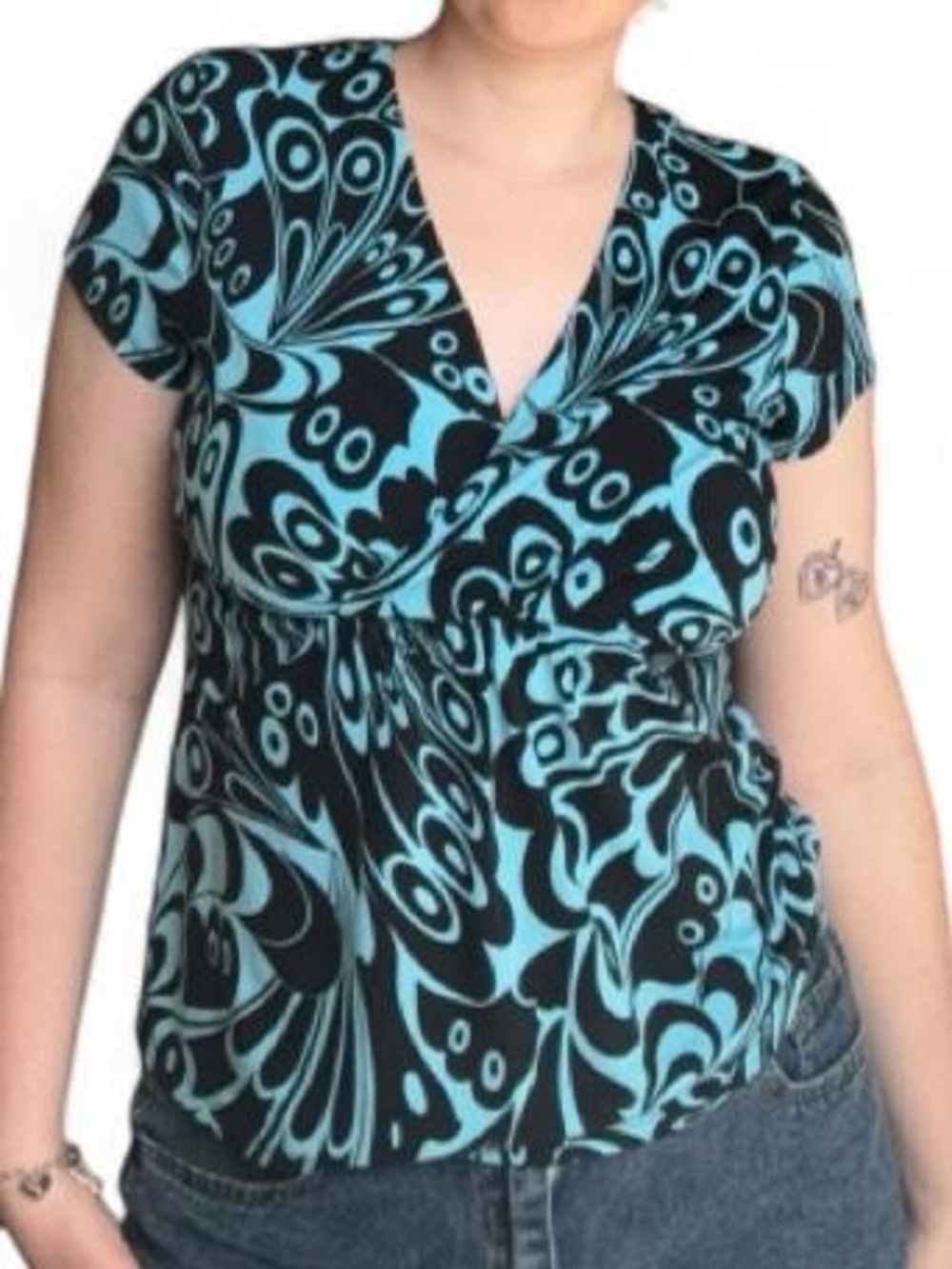 Vintage Cleo Petites Y2K Turquoise Butterfly Print Wrap Top // S/P